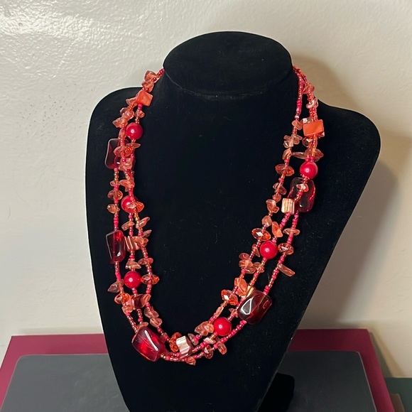 Vintage Y2K Red Glass Beaded 3 Strand Chocker Necklace - Picture 1 of 5